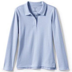 NWT LANDS' END GIRLS LONG SLEEVE FEMININE FIT INTERLOCK POLO SHIRT BLUE MEDIUM